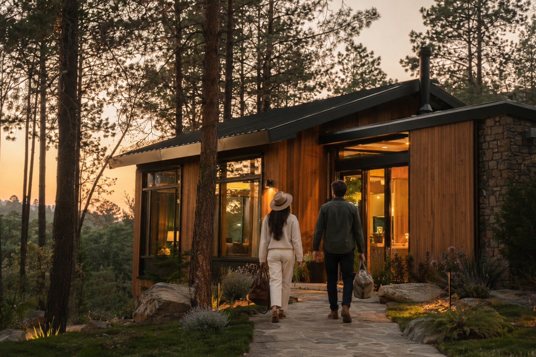 Llegada a una cabaña en el bosque