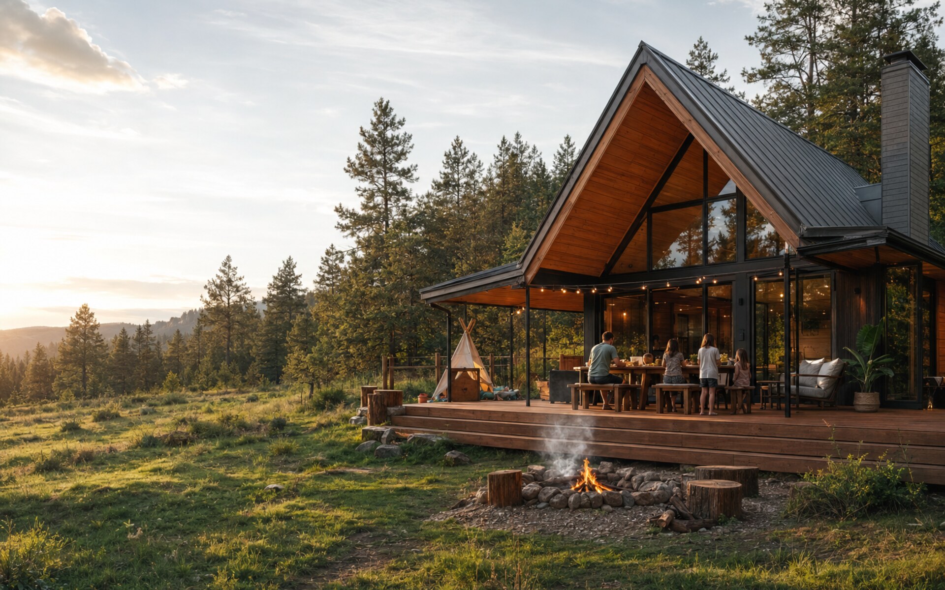 Familia disfrutando una cabaña en el bosque