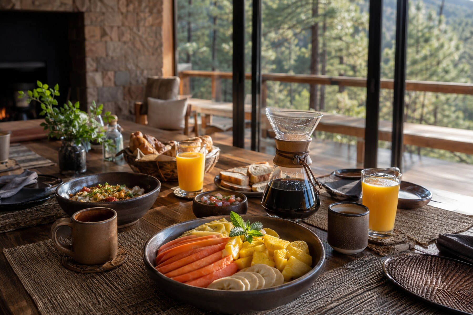 Desayuno artesanal frente al bosque