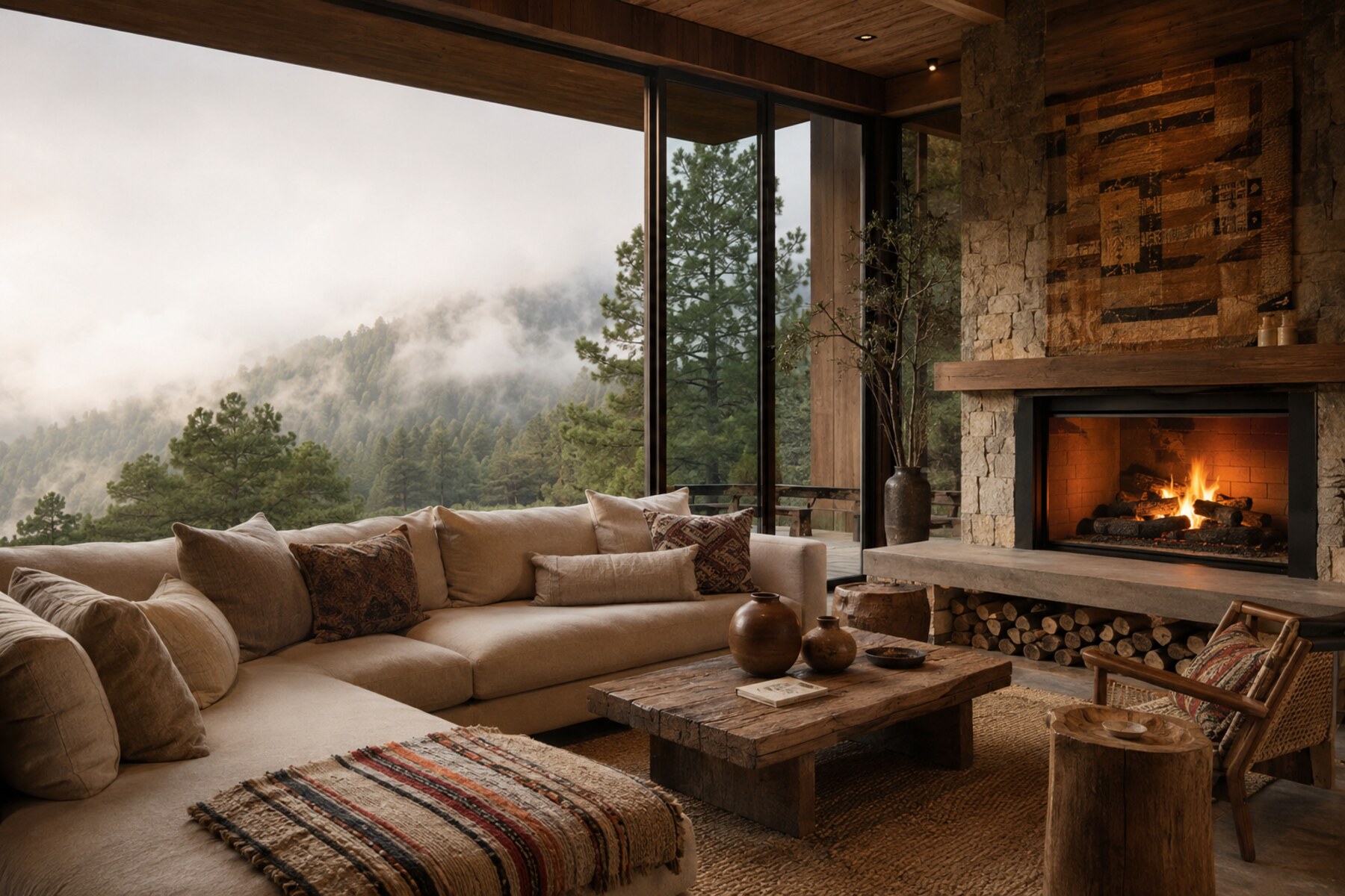 Sala cálida con chimenea y vista a la montaña